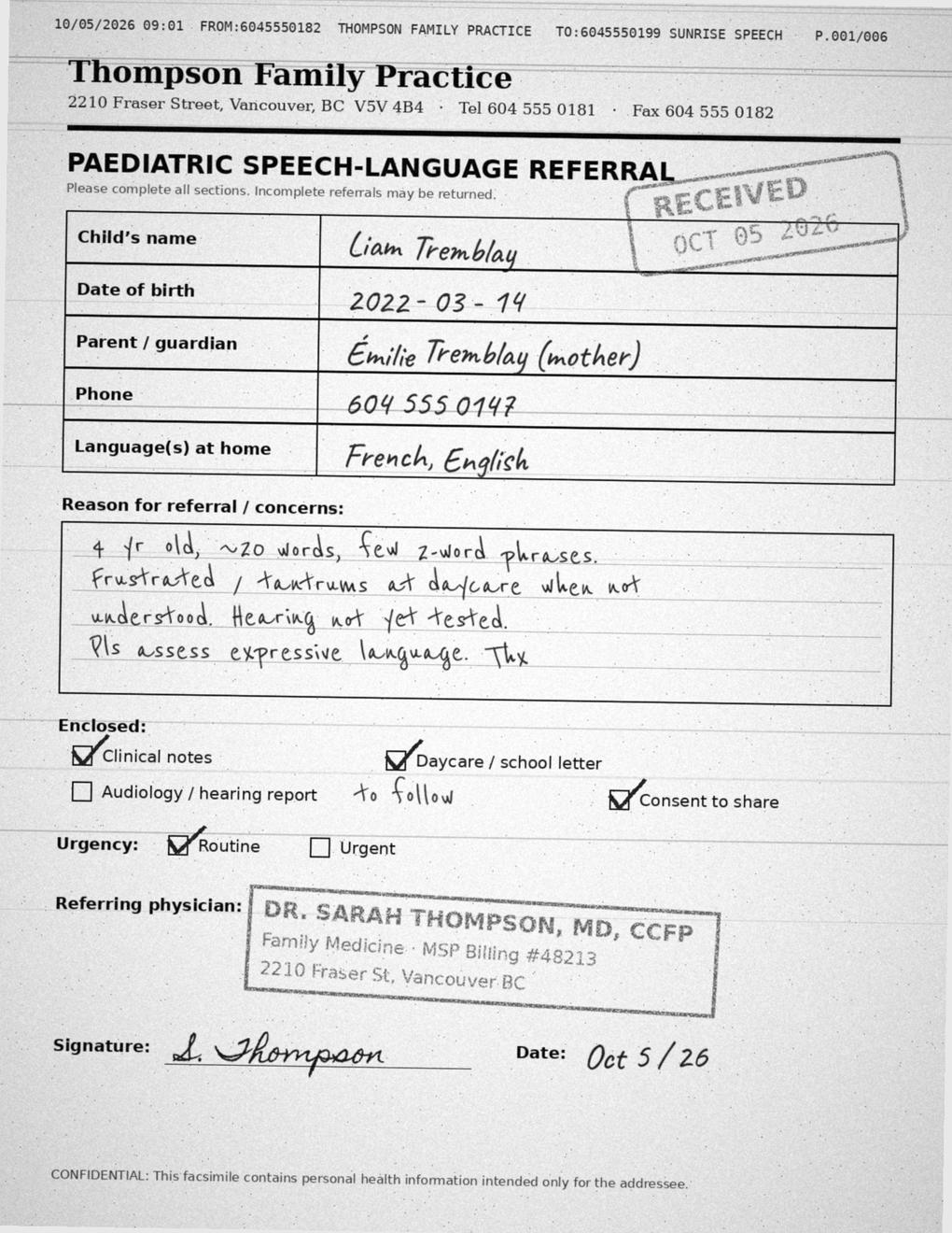 Scanned handwritten referral form for Liam Tremblay, page 1 of 6